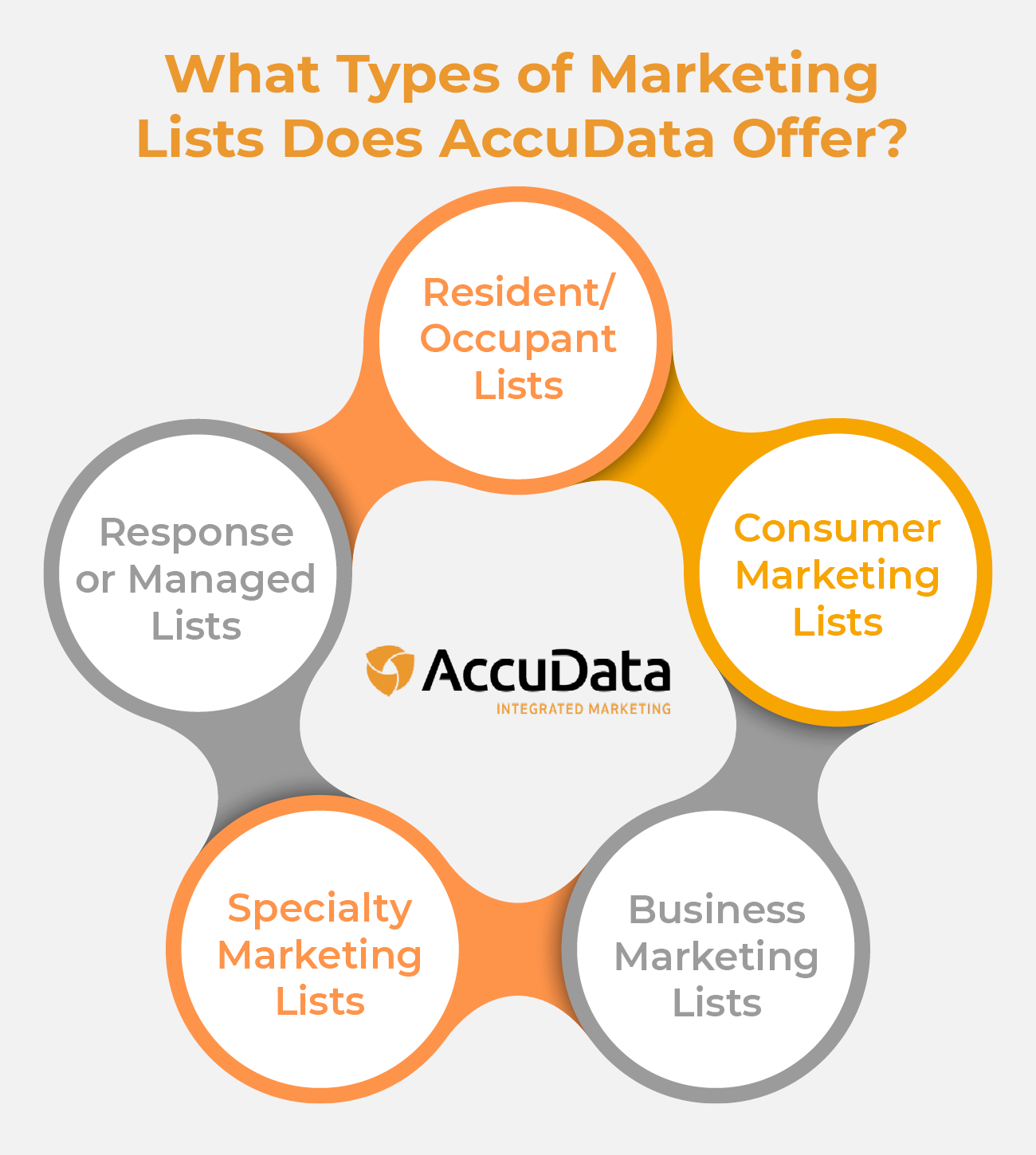 This image features the variety of marketing list types AccuData offers.